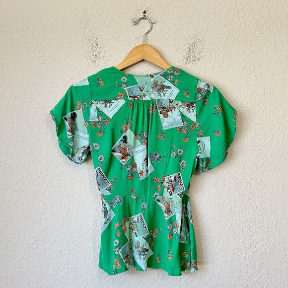 MEADOW RUE ANTHROPOLOGIE Bon Voyage Wrap Blouse Green Floral SS Boho - Picture 2 of 12